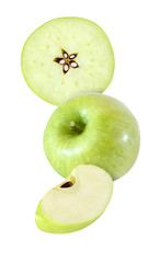 hanging, falling, hovering and flying piece of apple fruits isolated on white background with clipping path