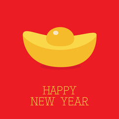 Golden bar icon. Cinese Happy New Year symbol atribute. Gold Ingot. Greeting card. Flat design. Red background.