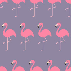 Seamless Pattern Flamingo Exotic tropical bird. Zoo animal collection. Cute cartoon character. Decoration element. Violet background. Flat design.