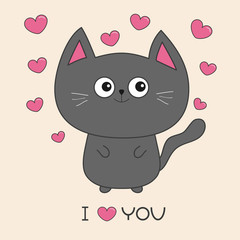 Gray contour cat holding pink heart. I love you text. Cute cartoon character. Kawaii animal Pet collection. Flat design.
