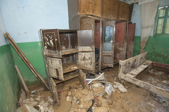 Interior of poor African house following flooding disaster