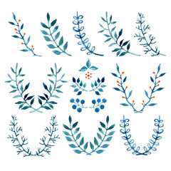 Watercolor floral set of wreaths and laurels