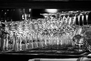 Close up Empty wine glasses on dark background, close up. a lot of empty glass wine glasses....
