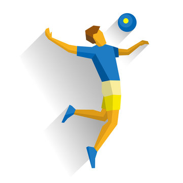 Volleyball player isolated on white background with shadows. International Sport Games Infographic.Jumping athlete with ball - flat style vector clip art.