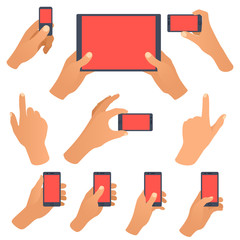 Obraz na płótnie Canvas Hand holding black smartphone, touching blank white screen. Using mobile smart phone, flat design concept. Eps 10 vector illustration