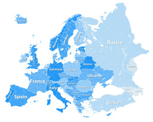 Europe vector political map with regions borders in tints of blue color palette