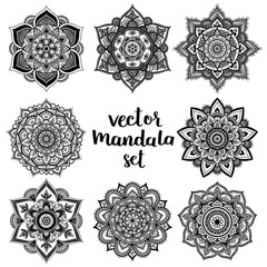 Set of abstract design element. Round mandalas in vector. Graphic template for your design. Decorative retro ornament. Hand drawn background with flowers.