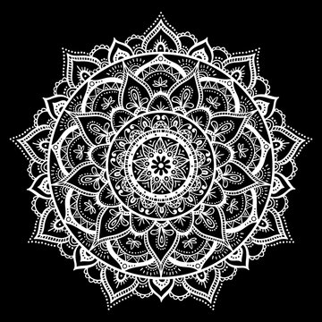 Mandala, Highly Detailed Zentangle Inspired Illustration, Ethnic Tribal Tattoo Motive, White Ink On Black Isolated Background. Anti-stress Illustration.