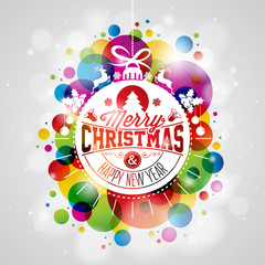 Vector Merry Christmas Holiday illustration with abstract glass ball and typography design on shiny color background.