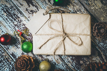 Christmas gift boxes  on wooden table. Top view.