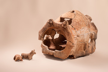 Ancient pottery Cucuteni culture (Trypillya) on a light background in studio