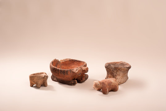 Ancient pottery Cucuteni culture (Trypillya) on a light background in studio