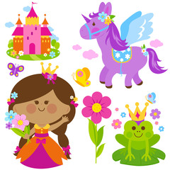 Beautiful princess holding spring flowers, unicorn, a magical frog, castle and butterflies. Vector illustration set