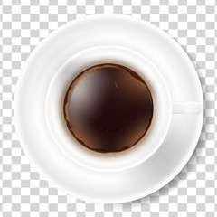 White cup of black coffee with foam and saucer.