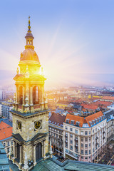 Fototapeta premium Sunrise over Budapest At Winter, Aerial View From St. Stephen's Basilica Roof, Hungary 