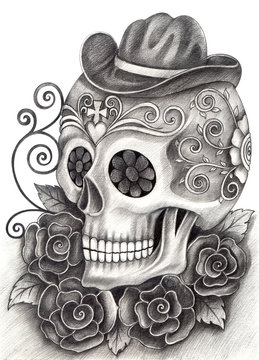 Skull art day of the dead.Art design skull head action smiley face day of the dead festival hand pencil drawing on paper.