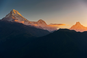 View of Annapurna and Machapuchare peak at Sunrise from Poonhill, Nepal.