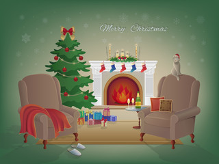 Merry Christmas home interior with a fireplace, Christmas tree, armchairs, colorful boxes with gifts. Candles, socks and decorations, champagne and glasses. Waiting for the New Year and Christmas.