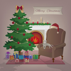 Merry Christmas greeting card. A cozy home interior with a burning fireplace, armchair, cat, christmas tree, gifts, candles, decorations, Santa Claus hat. Waiting for the holidays. Vector illustration