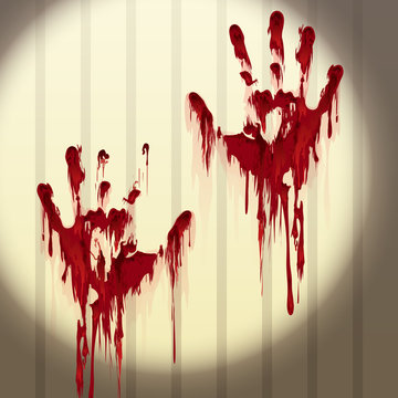 Bloody Hand Prints On A Wall Lit By Flashlight. Vector Illustration