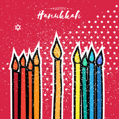 Colorful Happy Hanukkah Greeting card. Jewish holiday with menorah