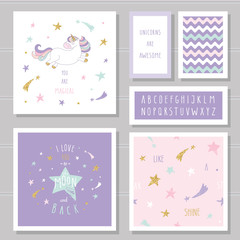 Cute cards with unicorn and gold glitter stars. For birthday invitation, baby shower, Valentine's day. © cutelittlethings