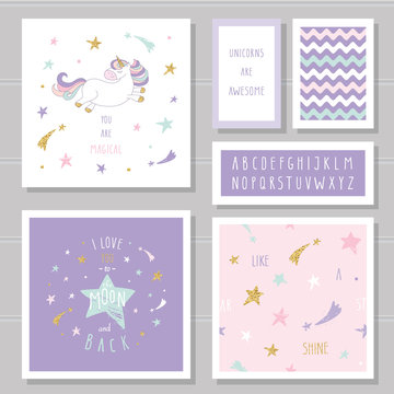 Cute cards with unicorn and gold glitter stars. For birthday invitation, baby shower, Valentine's day.