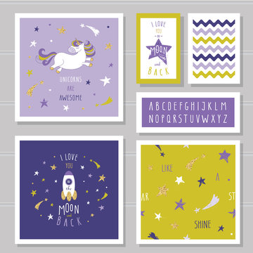 Cute cards with unicorn and gold glitter stars. For birthday invitation, baby shower, pajamas, sleepwear design. I love you to the moon and back. Hand written narrow font. With two seamless patterns.