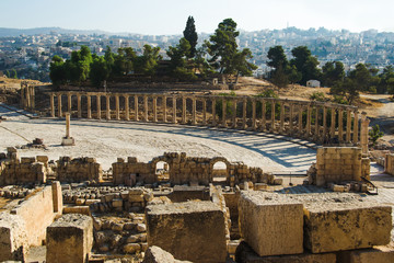 Archaeological Site, park of Jerash. Oval Plaza and ruins sanctuary of Zeus Olympios. Tourism industry, sightseeing concept
