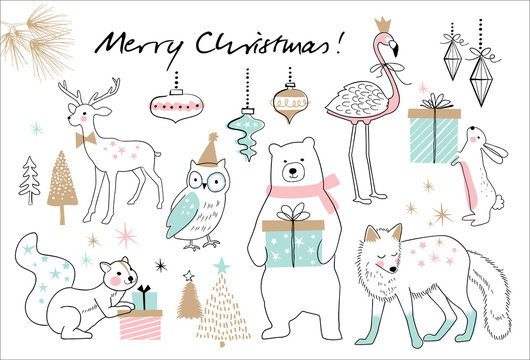 Christmas hand drawn doodle cartoon set