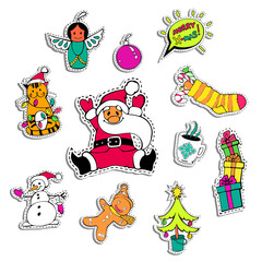 Christmas patch badges with Santa Claus, snowman, gift box, angel, tree and other. Set of stickers, pins, patches in cartoon 80s-90s comic style for sale banner, shop, online shopping. Vector format