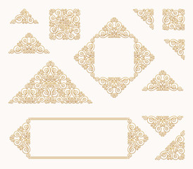 Arabic vector set of frames lines art design templates. Muslim gold, white outline elements and emblems