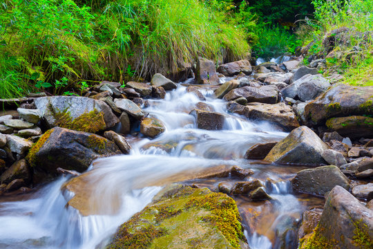 Mountain stream(creek) in the stones and green grass banks in mountain forest. Crystal clear water - rare condition of modern enviroment. Long exposure.