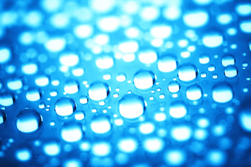 Blue water drops of on treat water-repellent surface in macro lens shot small-DOF for screen...