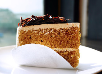 Piece of mocca coffee cake on white plate