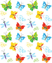 Cartoon Style Butterfly And Dragonfly Pattern. Colorful Butterflies In Vector. Nice Childish Background. Seamless Pattern With Butterflies And Dragonfly. Pattern Printable.
