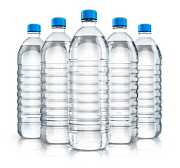 Group of plastic drink water bottles