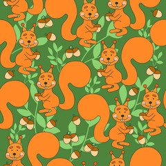 Cute pattern with squirrel, leaves and nuts on a green background. 