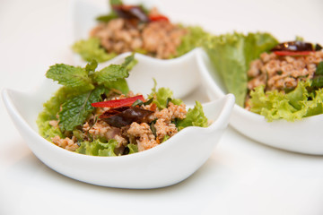 Larb Gai, spicy chicken,close up
