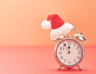 New Year background decoration Handmade, Christmas holiday Gold Alarm Clock, Santa hat, Happy New Year 2017. XMAS Design Ornament. Festive Art christmas Greeting Card. Retro Vintage