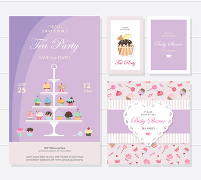 Cute templates with cupcakes stand and sweets in pastel colors. Cards and posters. For bridal, baby shower, birthday.