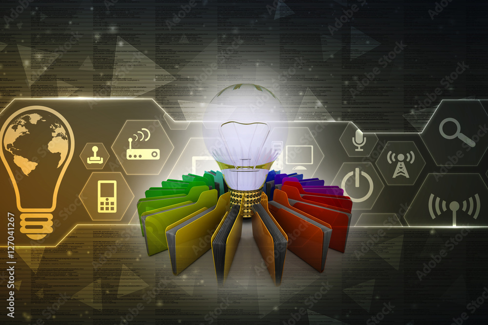 Poster 3d rendering led light bulb with folder