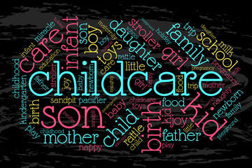 Childcare. Word cloud, grunge background. Family concept.