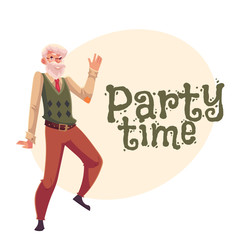 Old, senior, gray-haired man dancing happily, cartoon style invitation, banner, poster, greeting card design. Party invitation, advertisement, poster template with old man dancing happily