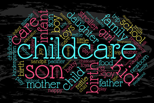 Childcare. Word cloud, grunge background. Family concept.