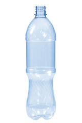 New, clean, empty plastic bottle blue color on white background