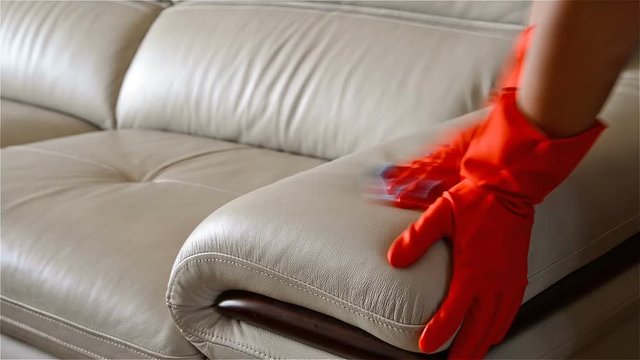 man cleaning leather sofa at home