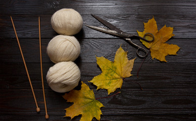 White yarn, wooden knitting needles, scissors, yellow leaves. To