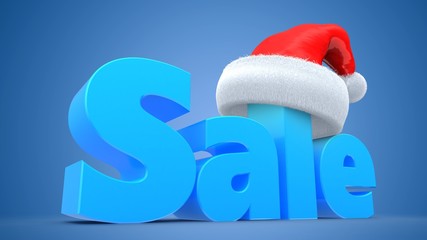 3d illustration of blue sale sign with Christmas hat over blue background