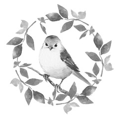 Cute bird with floral wreath. Watercolor painting. Black and white